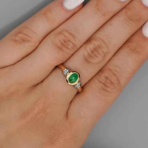 0.70 Carat Cabochon Emerald Bezel Set 14K Gold Ring