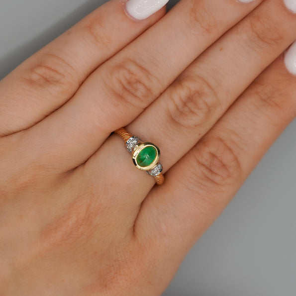 0.70 Carat Cabochon Emerald Bezel Set 14K Gold Ring
