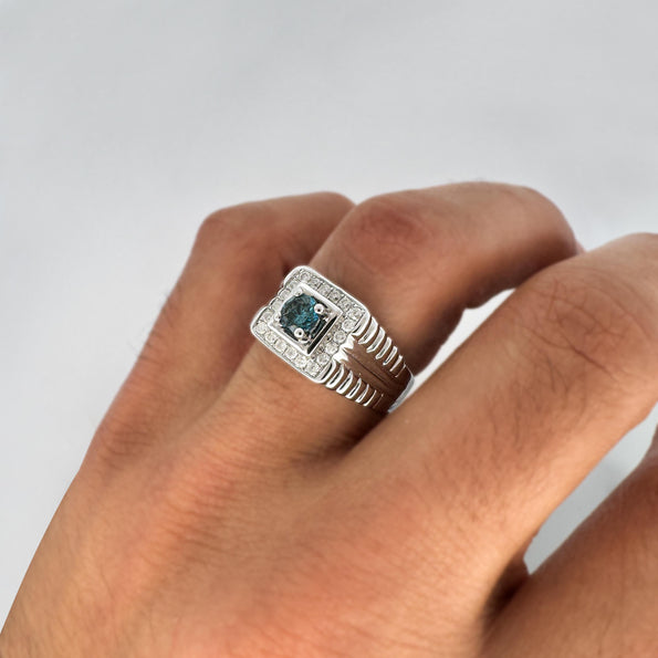 0.74 Carat Blue & White Diamond White Gold Ribbed Men's Ring