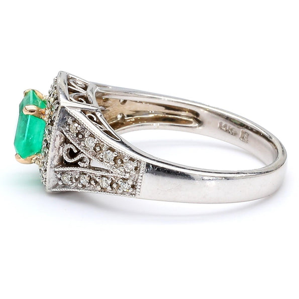 0.77 Carat Square Emerald and Diamond Filigree Halo 14K White Gold Ring