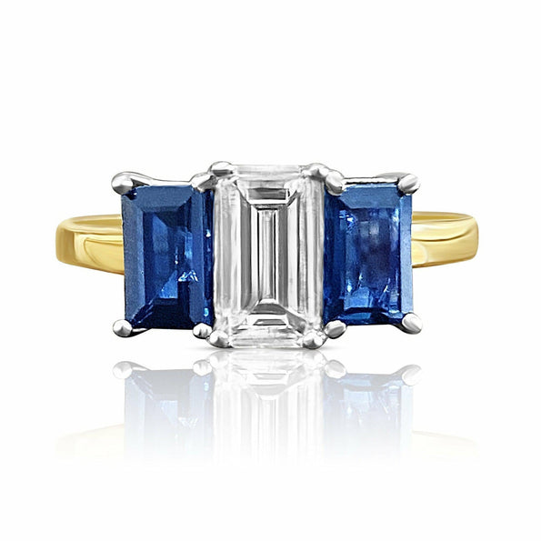 Bague de fiançailles en diamant taille émeraude certifié GIA de 0,92 carat avec saphirs bleus