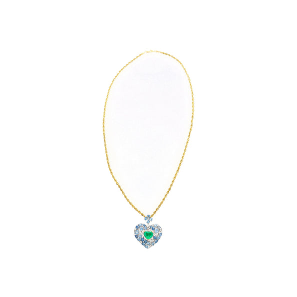 10 Carat Heart-Shape Colombian Emerald, Aquamarine, and Diamond 18K Necklace