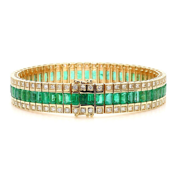 10.18 Carat Emerald and Diamond Baguette 14K Gold Three Row Bracelet