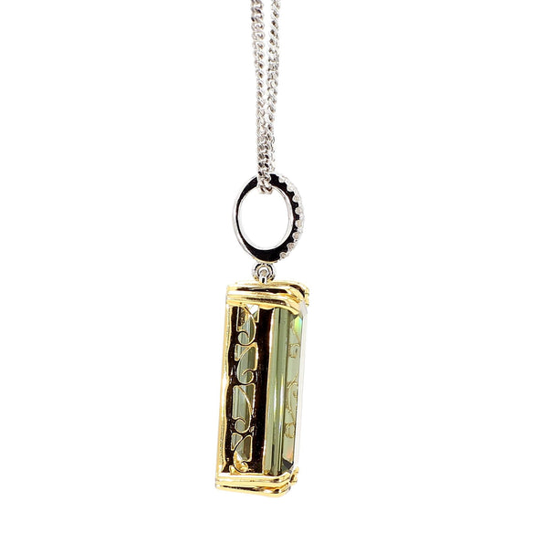10.52 Carat Forrest Green Tourmaline Emerald Cut 18K Gold Pendant Necklace