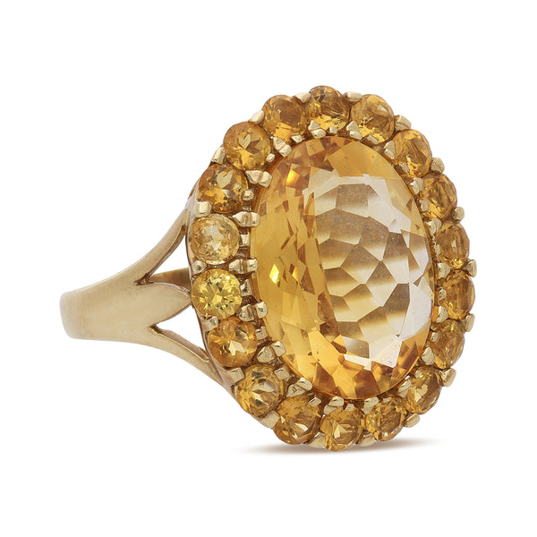 11 Carat Oval Citrine & Round Citrine Halo 14K Yellow Gold Vintage Cocktail Ring