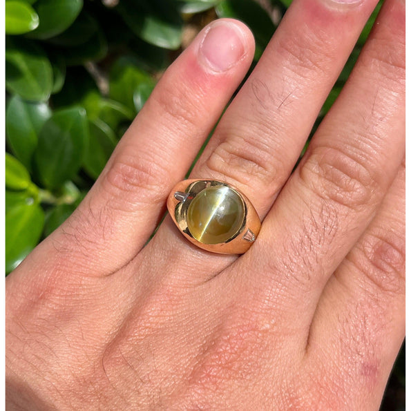 12 Carat Chrysoberyl Cat's Eye Men's Ring with Baguette Diamonds