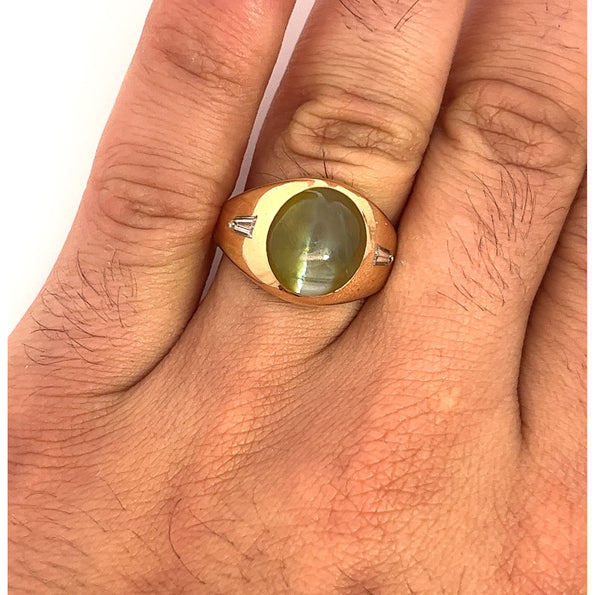 12 Carat Chrysoberyl Cat's Eye Men's Ring with Baguette Diamonds