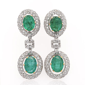 12 Carat Natural Oval Emerald & Rose-Cut Diamond Drop Earrings in 18K White Gold – Assay Jewelers