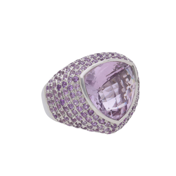 12.50 Carat Trillion Checkerboard Pink Amethyst Pave Dome 14K White Gold Ring