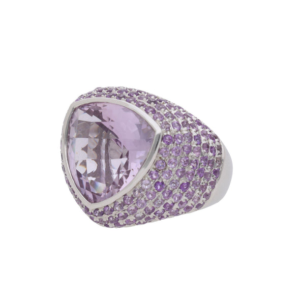 12.50 Carat Trillion Checkerboard Pink Amethyst Pave Dome 14K White Gold Ring