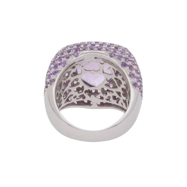 12.50 Carat Trillion Checkerboard Pink Amethyst Pave Dome 14K White Gold Ring