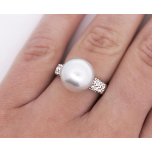 12mm Cultured South Sea Pearl & Round Diamond Ring in Platinum