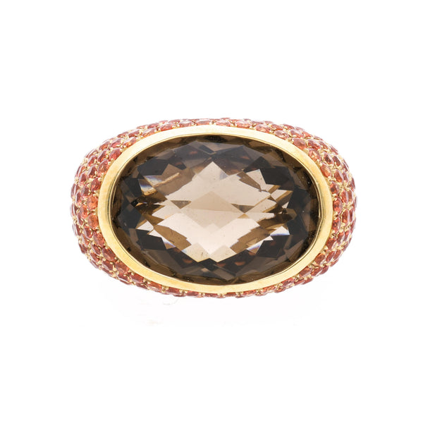 13.50 Carat Checkerboard Smoky Topaz & Orange Sapphire Pave Dome 14K Gold Ring