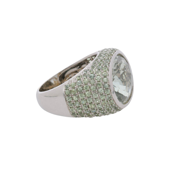 13.50 Carat Oval Checkerboard Cut Green Amethyst Pave 14K White Gold Dome Ring