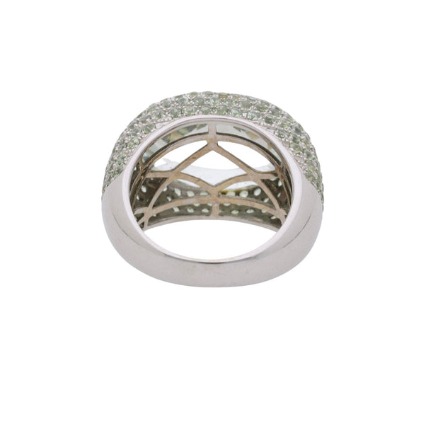 13.50 Carat Oval Checkerboard Cut Green Amethyst Pave 14K White Gold Dome Ring