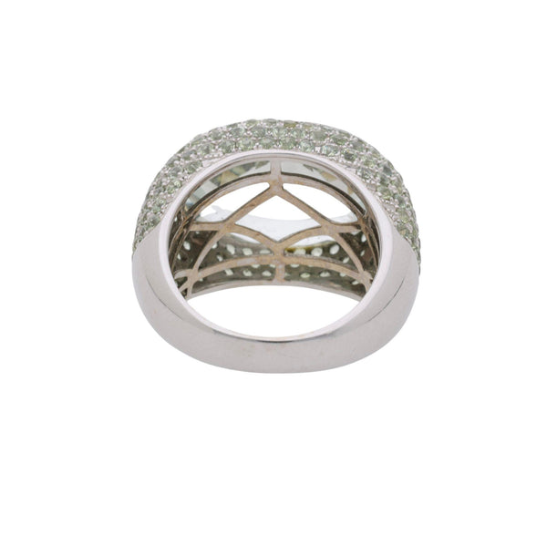13.50 Carat Oval Checkerboard Cut Green Amethyst Pave 14K White Gold Dome Ring