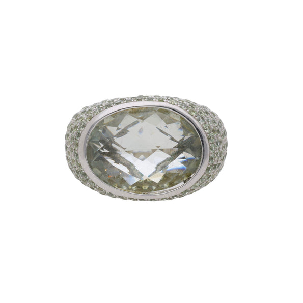 13.50 Carat Oval Checkerboard Cut Green Amethyst Pave 14K White Gold Dome Ring