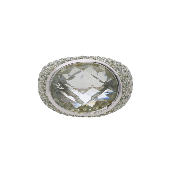 13.50 Carat Oval Checkerboard Cut Green Amethyst Pave 14K White Gold Dome Ring