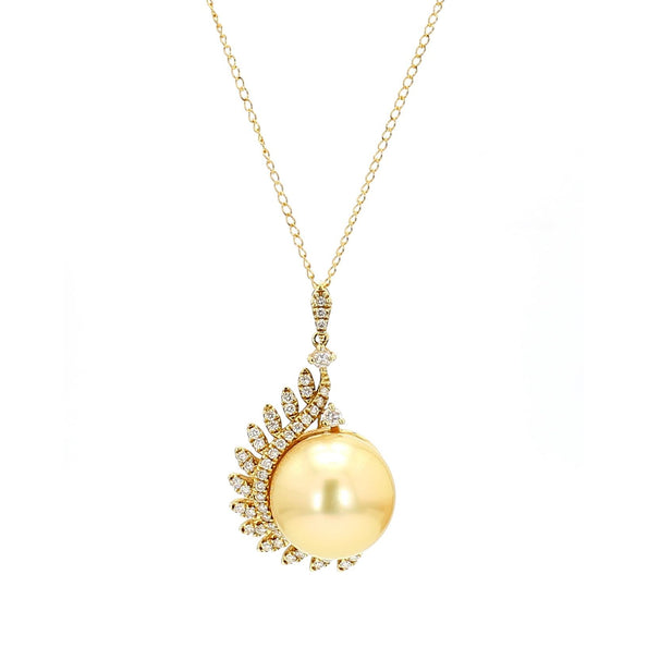 13mm Golden South Sea Pearl & Diamond 18K Gold Pendant Necklace