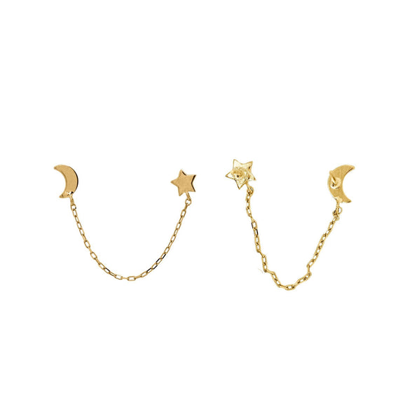 14K Gold Star and Moon with Connecting Chain Double Stud Earrings
