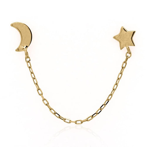 14K Gold Star and Moon with Connecting Chain Double Stud Earrings