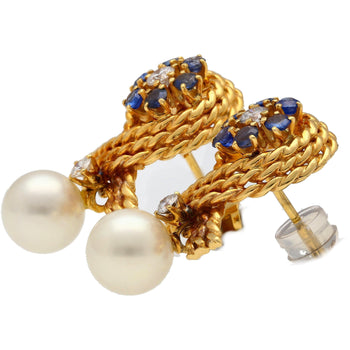 14K Gold Textured Ribbon Motif Natural Pearl, Diamond and Sapphire Stud Earrings – Assay Jewelers