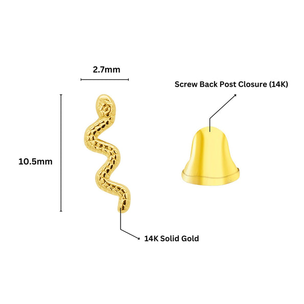 14K Solid Gold Snake Stud Earrings In Screw Back Closure