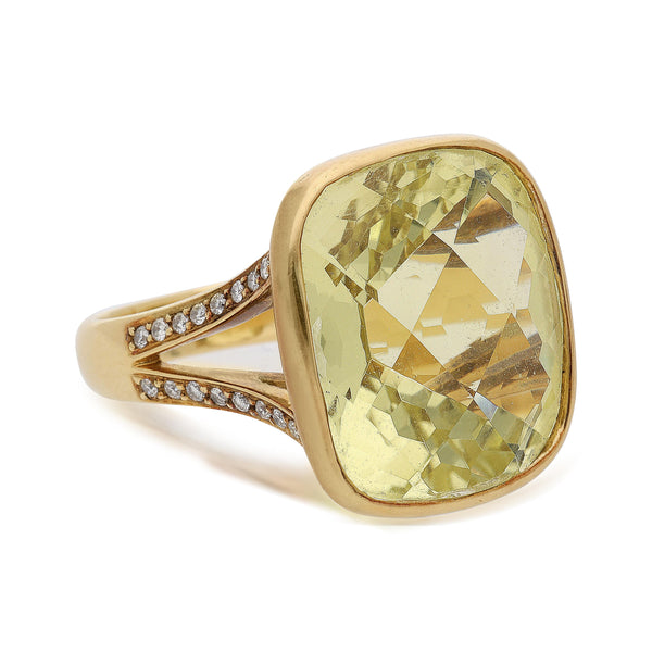 14.55 Carat Cushion Peridot & Diamond Split Shank 18K Yellow Gold Cocktail Ring