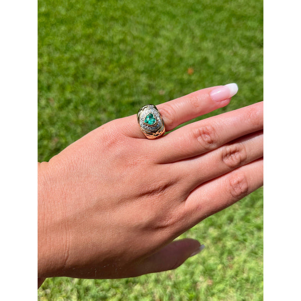 14K Gold Heart Shape Emerald and Diamond Pinky Ring