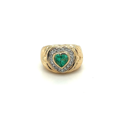 14k Solid Gold Heart Shape Emerald and Diamond Pinky Ring