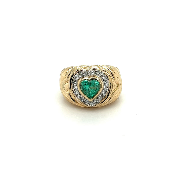 14K Gold Heart Shape Emerald and Diamond Pinky Ring