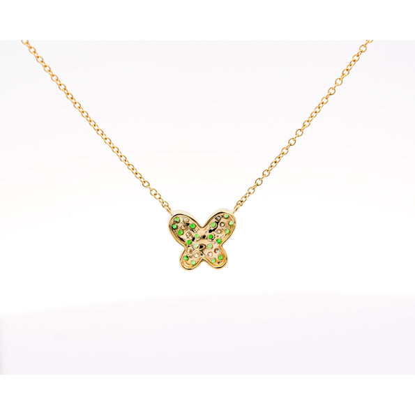 14k Solid Yellow Gold Tsavorite Butterfly Charm Floating Pendant Necklace