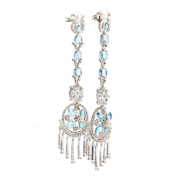 15 Carat Oval Aquamarine & Diamond 18K White Gold Retro Dangle Earrings