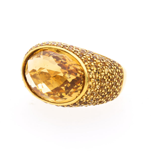 15 Carat Oval Checkerboard Citrine & Citrine Pave 14K Yellow Gold Cocktail Ring