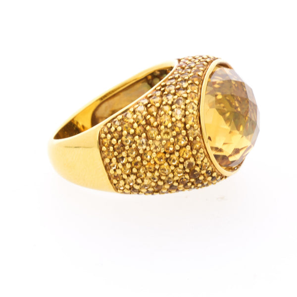 15 Carat Oval Checkerboard Citrine & Citrine Pave 14K Yellow Gold Cocktail Ring