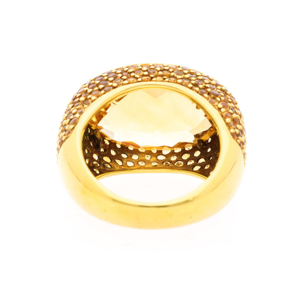 15 Carat Oval Checkerboard Citrine & Citrine Pave 14K Yellow Gold Cocktail Ring