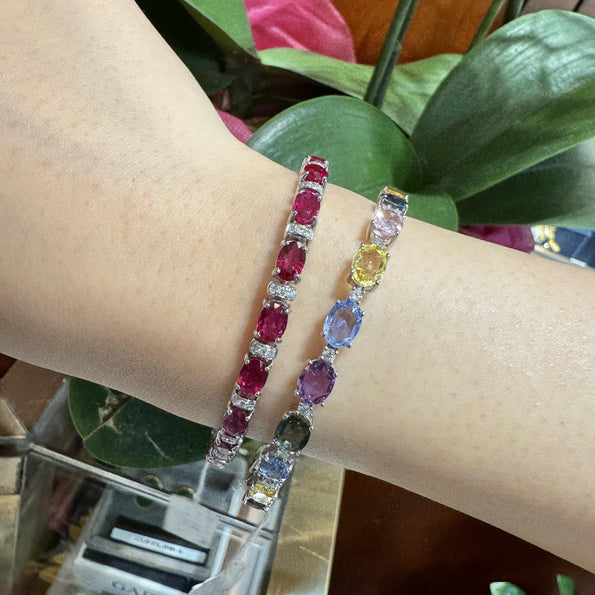 15.63 Carat Multi Color Sapphire & Diamond Bracelet in 18K White Gold Station