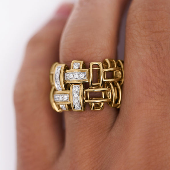 18K Gold Garavelli Signed Men's Italian Diamond Cage Link Ring