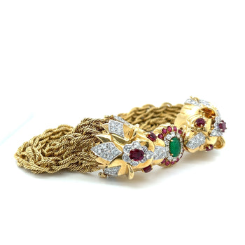 18K Gold & Platinum Double Headed Biting Lion Multi Rope Chain Bracelet With Emeralds, Diamonds, & Rubies – Assay Jewelers