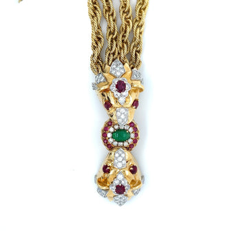 18K Gold & Platinum Double Headed Biting Lion Multi Rope Chain Bracelet With Emeralds, Diamonds, & Rubies – Assay Jewelers