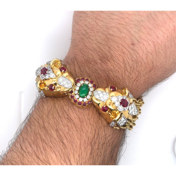 18K Gold & Platinum Double Headed Biting Lion Multi Rope Chain Bracelet With Emeralds, Diamonds, & Rubies – Assay Jewelers