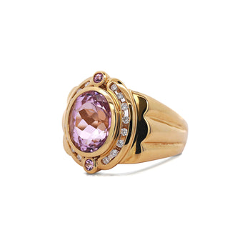 18K Gold Vintage Retro Regal Ring With Pink Kunzite and Diamond Halo – Assay Jewelers