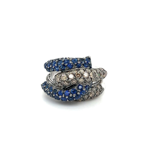 18K White Gold Natural Round Blue Sapphire and Brown Diamond 4 Row Pave Cluster Ring