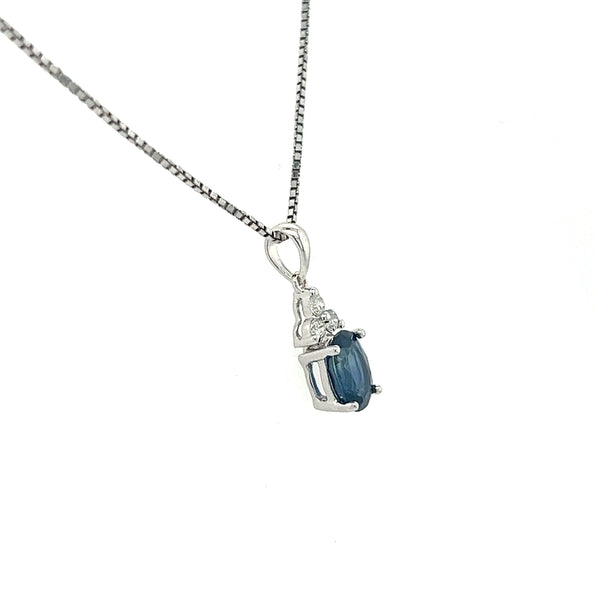 18K White Gold Oval Blue Sapphire & Diamond 3 Stone Drop Pendant Necklace