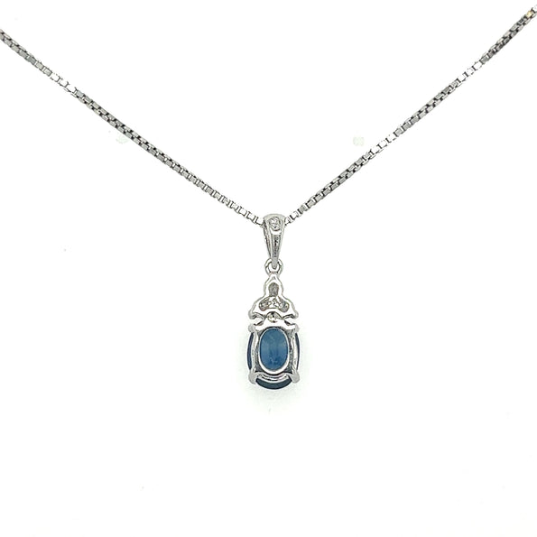 18K White Gold Oval Blue Sapphire & Diamond 3 Stone Drop Pendant Necklace