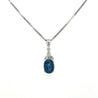 18K White Gold Oval Blue Sapphire & Diamond 3 Stone Drop Pendant Necklace