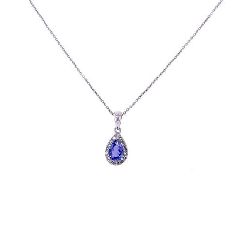 18K White Gold Tanzanite Drop Pendant With Diamond Halo