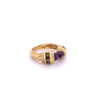 Bague ouverte rétro Anciens en or 18k avec améthyste, péridot et diamants – Assay Jewelers