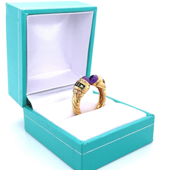 Bague ouverte Anciens rétro en or 18k avec améthyste, péridot et diamants – Assay Jewelers