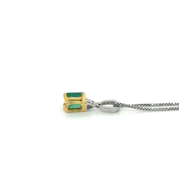 18K Solid Gold Natural Colombian Emerald and 3 Round Diamonds on Top Pendant Necklace